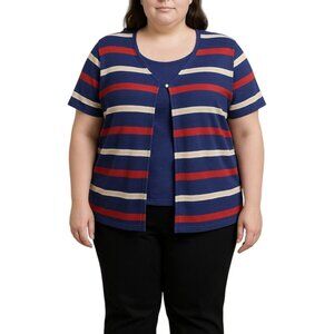 Sag Harbor Woman Blue Red White Striped Cardigan With Attached Tank Plus Size 1X